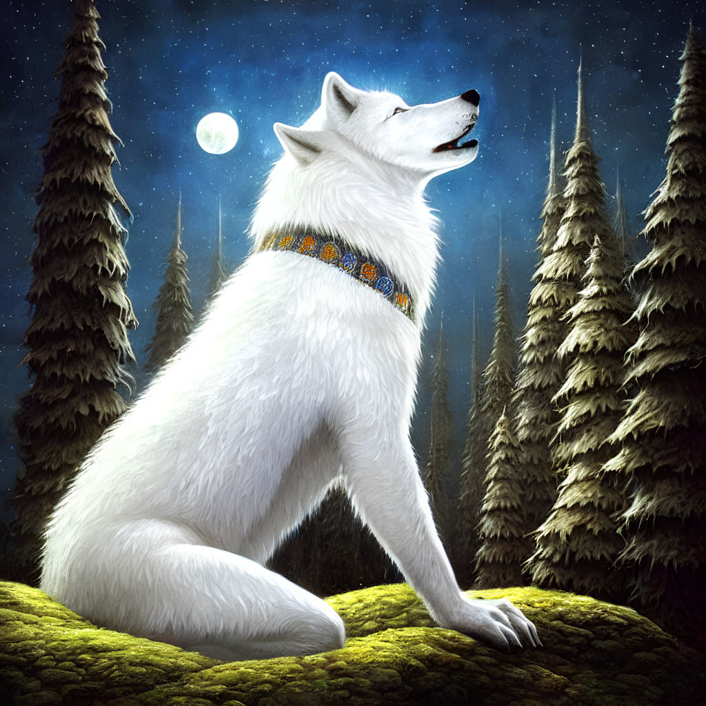 White Wolf Howling Beneath Moonlit Sky and Pine Trees