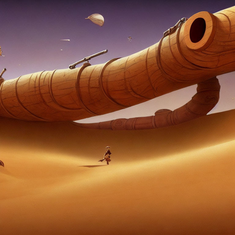 Person walking towards colossal aged telescope in sandy desert under orange sky with floating anchors and airships