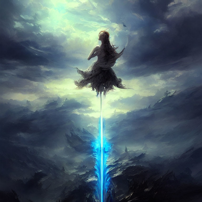 Woman in flowing dress on glowing blue sword in stormy skies