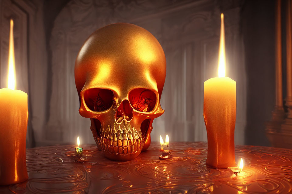 Golden skull surrounded by melting candles on ornate surface