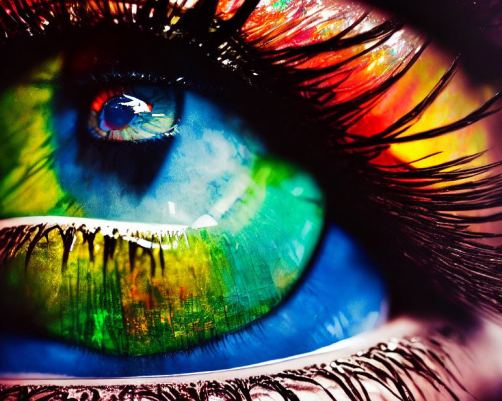 Close-up image of human eye with rainbow-colored irises and reflection of window.