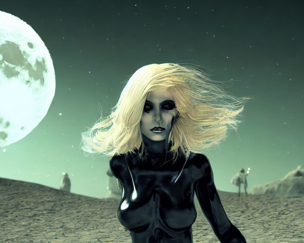 Blonde Figure in Black Suit on Lunar Landscape with Moon and Camels