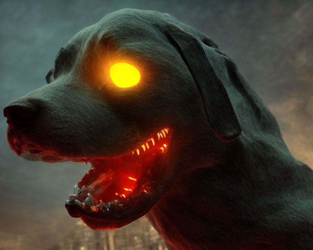 Menacing dog with glowing eyes and sharp teeth in stormy sky backdrop