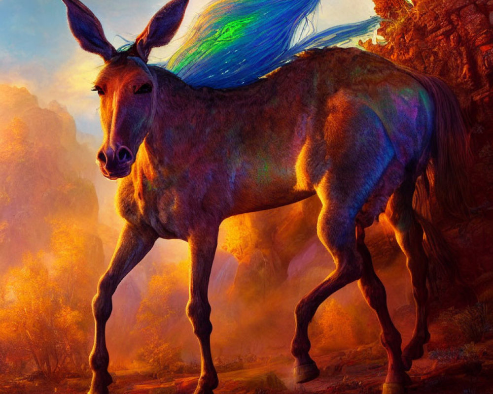 Iridescent fur and peacock-colored mane on fantastical donkey in sunlit canyon