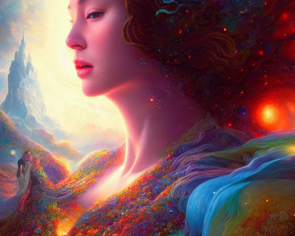 Colorful fantasy portrait of a woman with flowing hair in vibrant landscape.