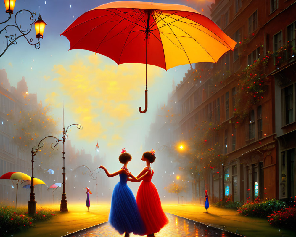 Two women in elegant dresses under a red umbrella on rain-slicked street at sunset.