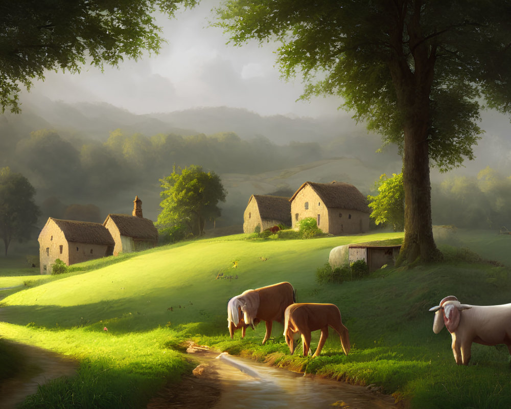 Tranquil rural sunrise scene with grazing cows, stone cottages, and rolling hills