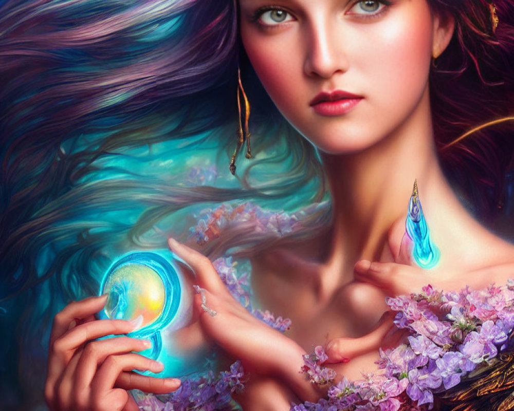 Fantasy illustration of woman with vibrant hair and glowing orb