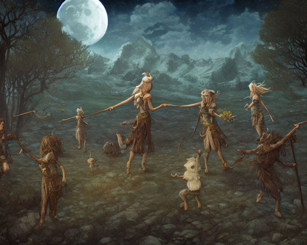 Anthropomorphic creatures with plant features under full moon