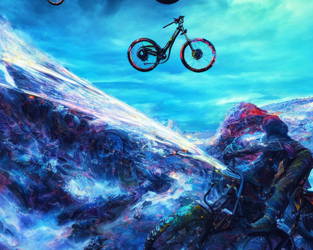 Levitating mountain bikes and person under glowing orb in surreal landscape