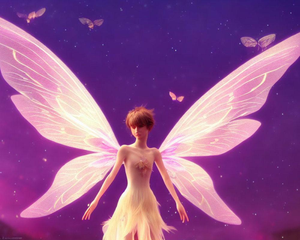 Fantasy illustration of fairy with pink wings in starry sky.