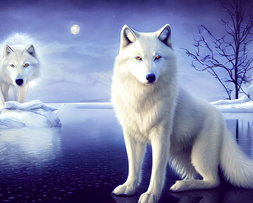 White wolves in serene winter night with full moon & snowy trees reflected in lake