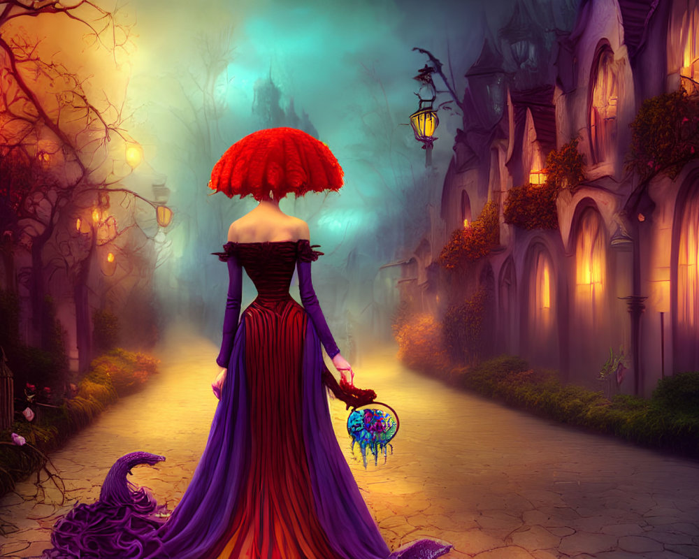 Woman in Vibrant Purple Dress and Red Parasol on Cobblestone Path with Street Lamps and