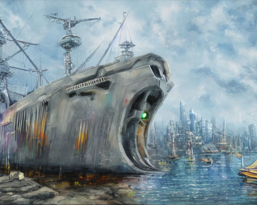 Enormous futuristic battleship stranded on beach near dystopian cityscape