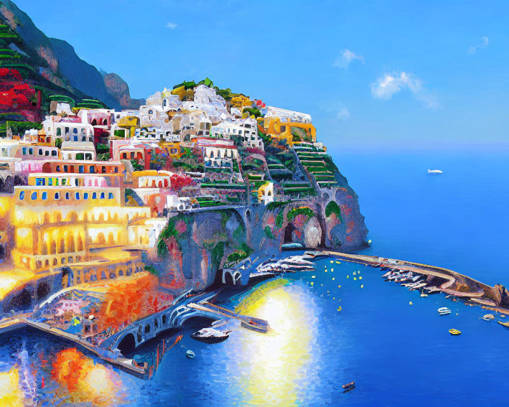 Vibrant coastal cliffside town painting at dusk