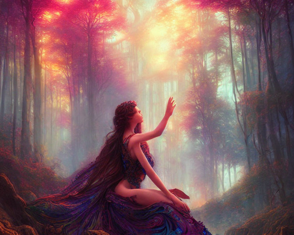 Woman in elegant dress sitting in mystical forest with pink-tinged light