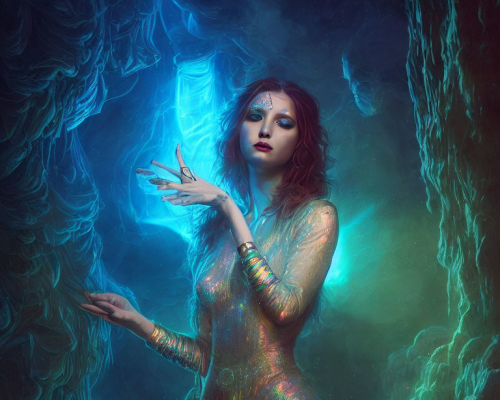 Mystical Woman with Iridescent Body Paint in Ethereal Blue Environment