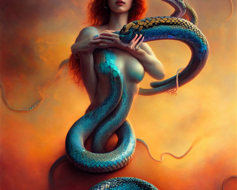 Red-haired woman with blue-scaled snake on warm-toned backdrop