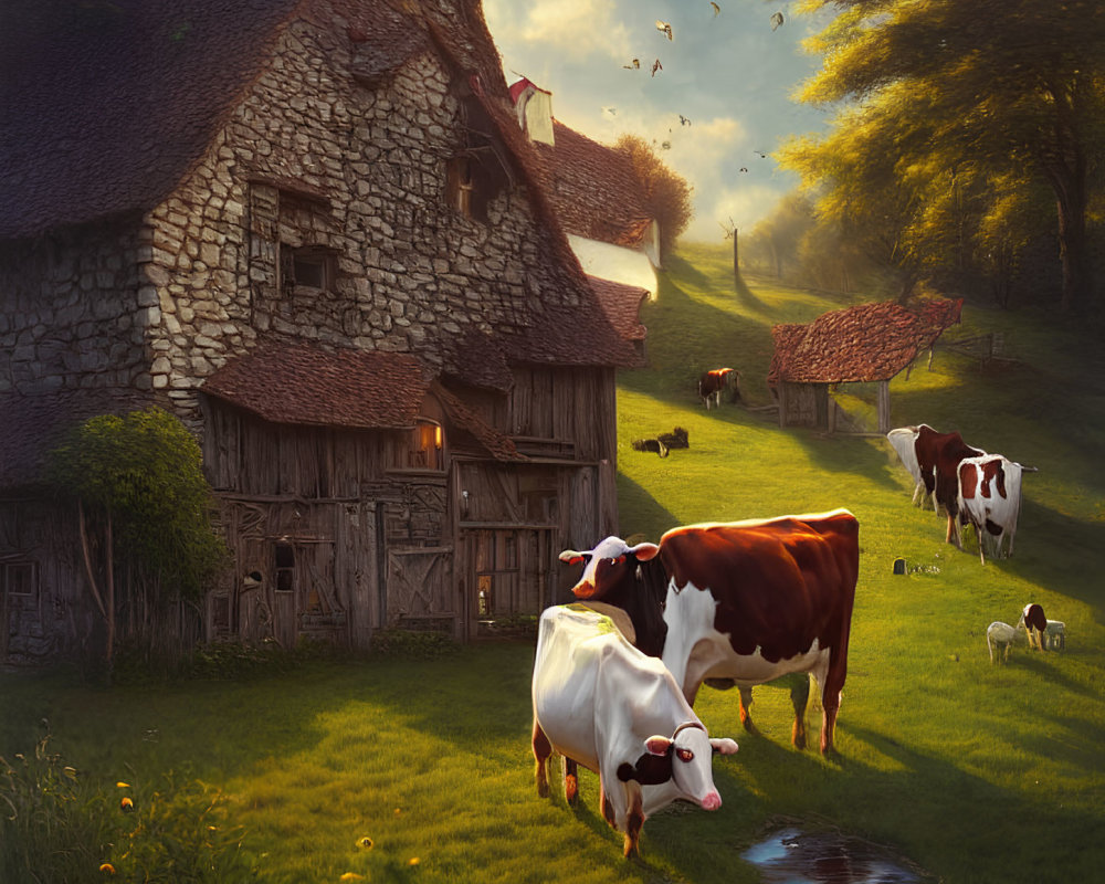 Tranquil countryside with grazing cows, stone cottage, birds, and lush greenery