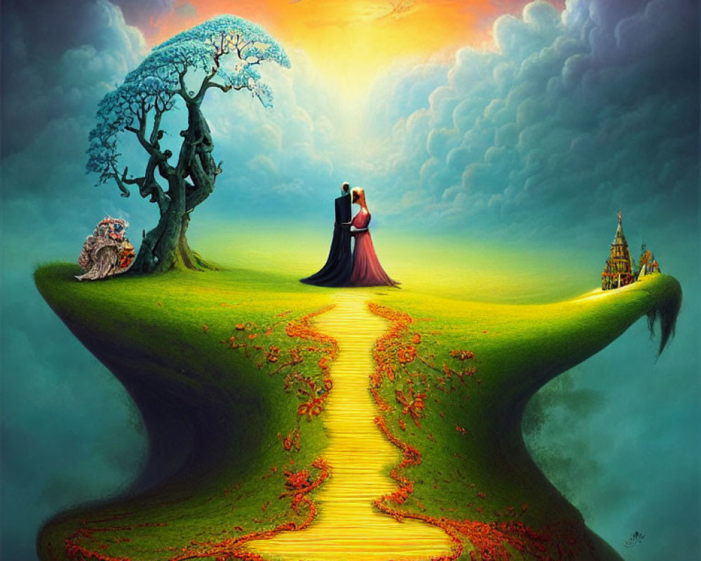 Couple standing on hilltop under vibrant sunset sky with winding path to enchanted castle