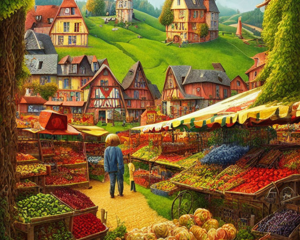 Colorful marketplace with fresh produce, quaint houses, and distant castle on a sunny day