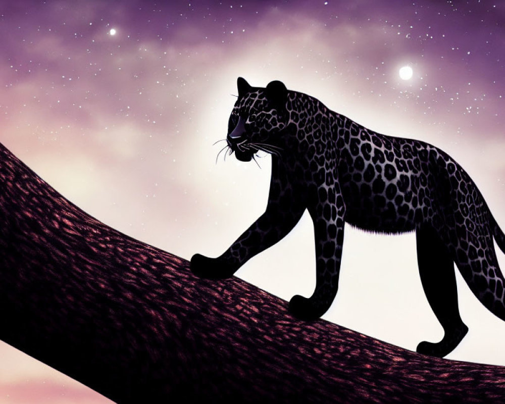 Leopard silhouette on tree branch under purple starry sky