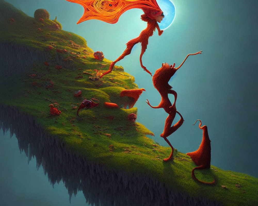 Whimsical orange creatures on floating landmass under crescent moon