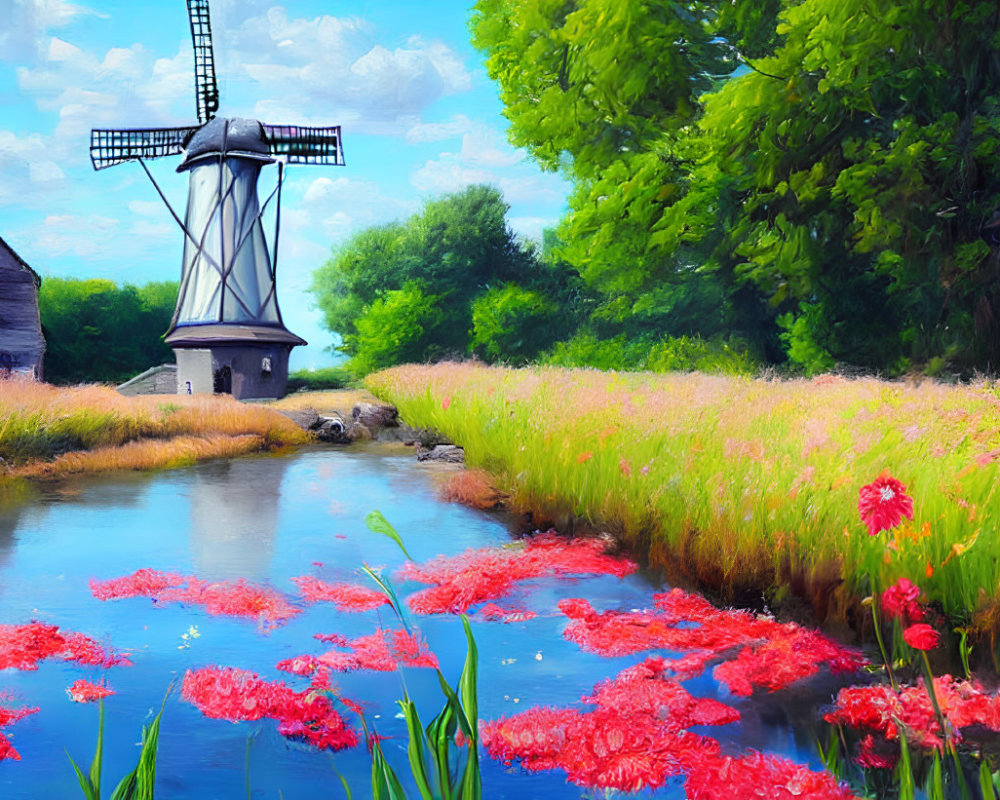 Scenic landscape painting with windmill, stream, trees, and red flowers