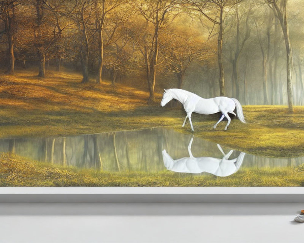 White horse near forest pond with reflection and pair of legs visible.