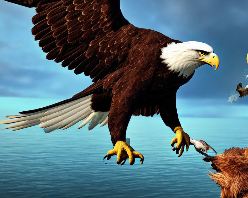 Majestic bald eagle flying over water with extended talons