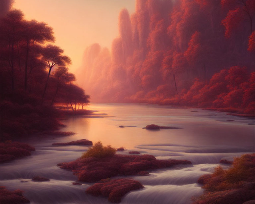 Ethereal autumn landscape with smooth river and red foliage trees