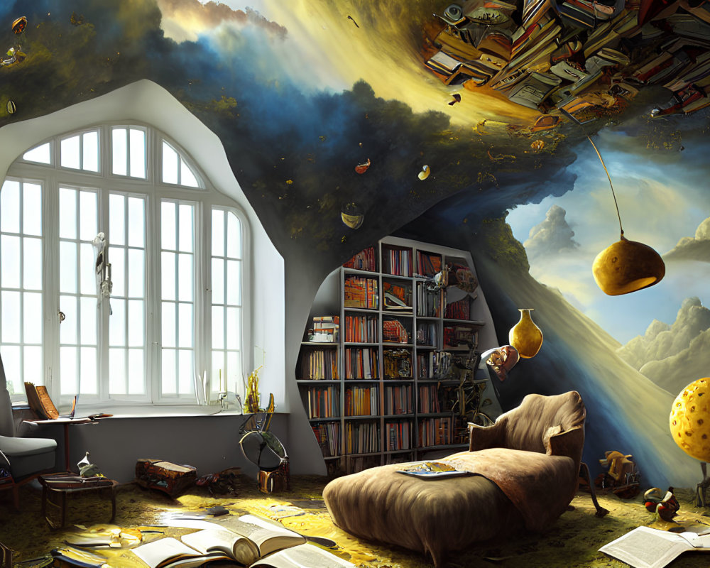 Surreal room with swirling book ceiling, oversized fruit lamps, vast bookshelf, cozy reading no