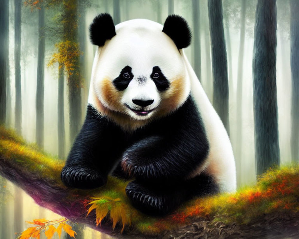 Panda on tree branch in misty autumn forest