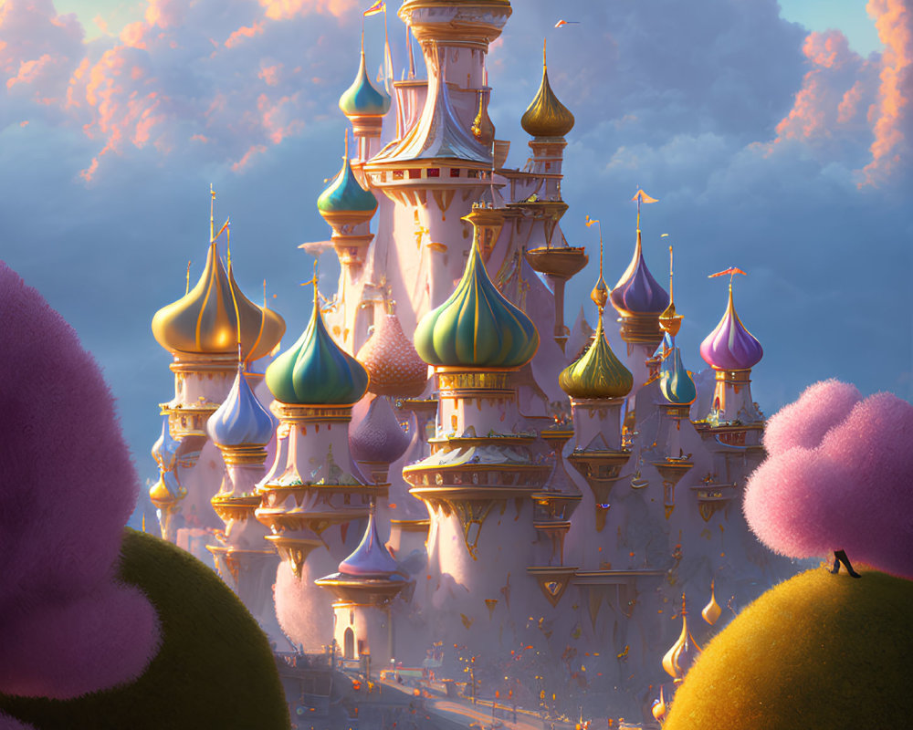 Colorful spires and golden accents adorn enchanting palace in fluffy tree-filled landscape