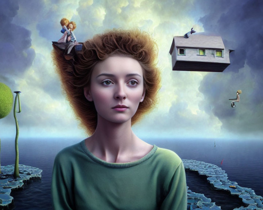 Surreal portrait featuring scenes on woman's hair: cliff, floating house, levitating man,