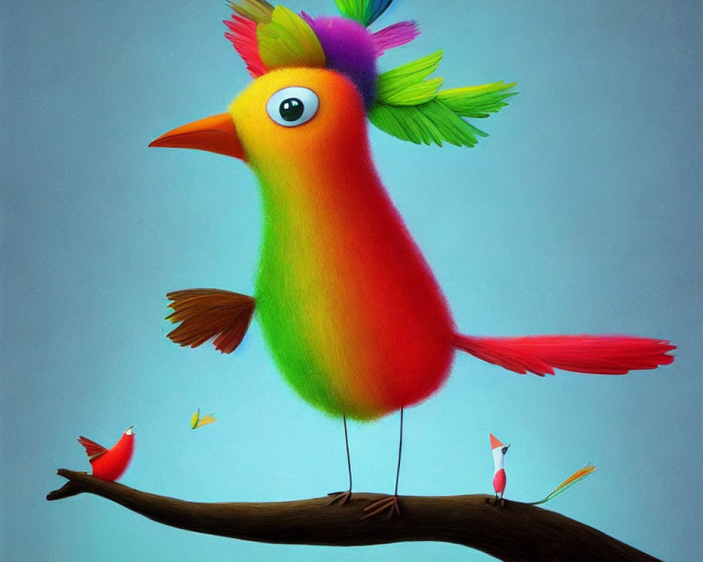 Colorful Rainbow Bird Perched with Two Red Birds