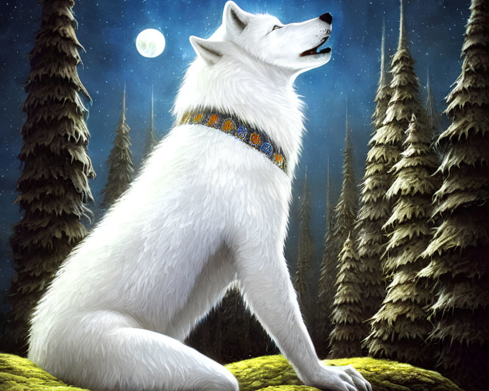 White Wolf Howling Beneath Moonlit Sky and Pine Trees