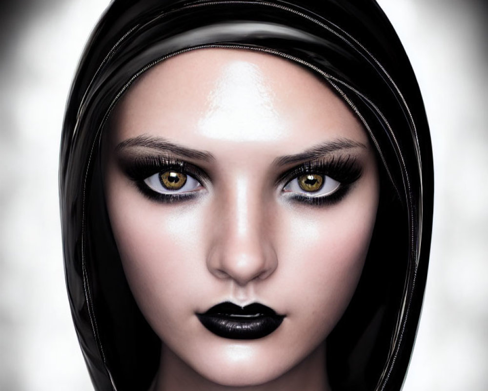 Digital artwork: Woman with dark makeup, intense gaze, black lips, headscarf on grey backdrop