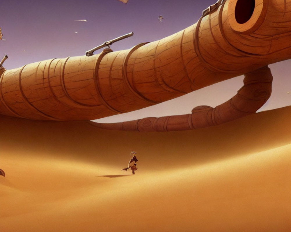 Person walking towards colossal aged telescope in sandy desert under orange sky with floating anchors and airships