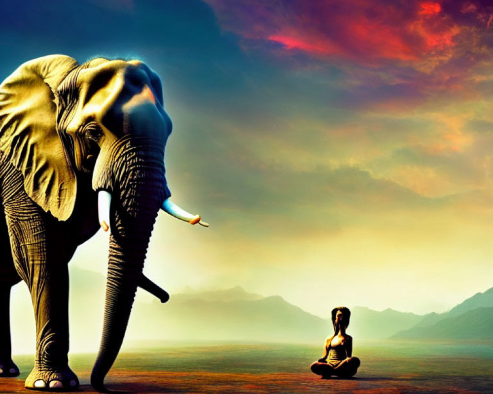 Elephant and person meditating under vibrant sunset sky