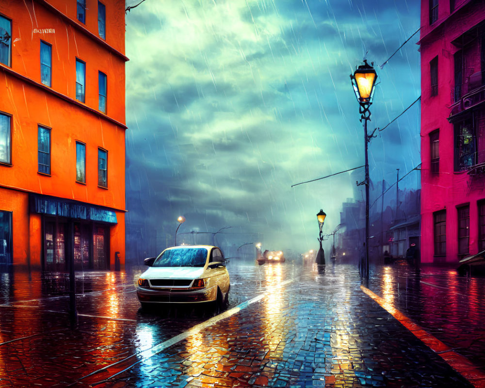 Dusk scene of rain-soaked cobblestone street with glowing streetlights and car headlights reflecting.