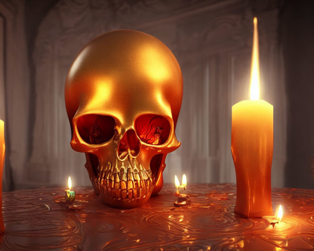 Golden skull surrounded by melting candles on ornate surface