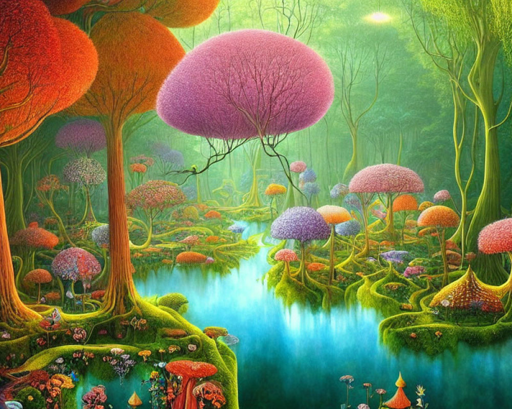 Colorful Mushroom Forest Along Blue River