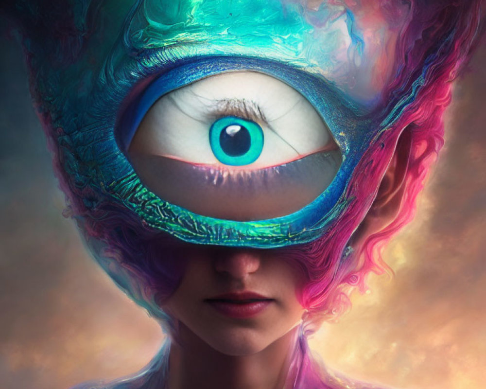 Vibrant surreal portrait with eye-shaped headpiece in blue and pink hues