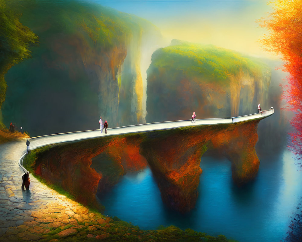 Scenic river bridge with waterfalls, lush cliffs, colorful foliage, and people walking.