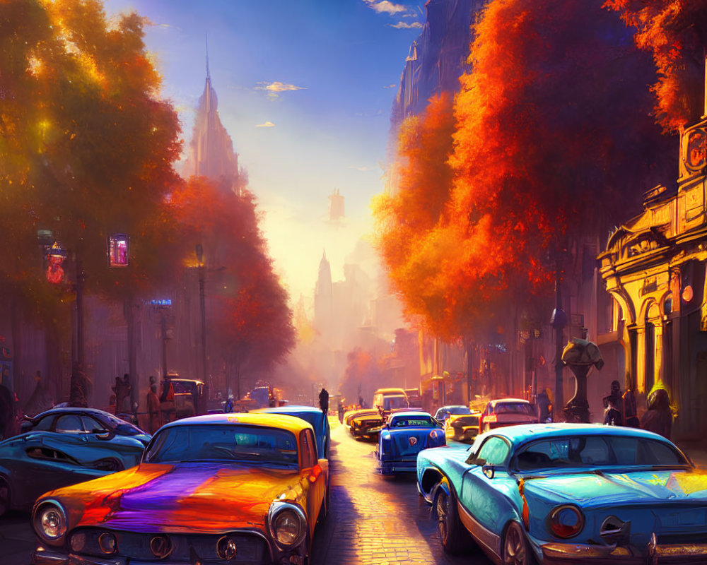 Vibrant street scene: vintage cars, pedestrians, autumn trees, city architecture at sunset