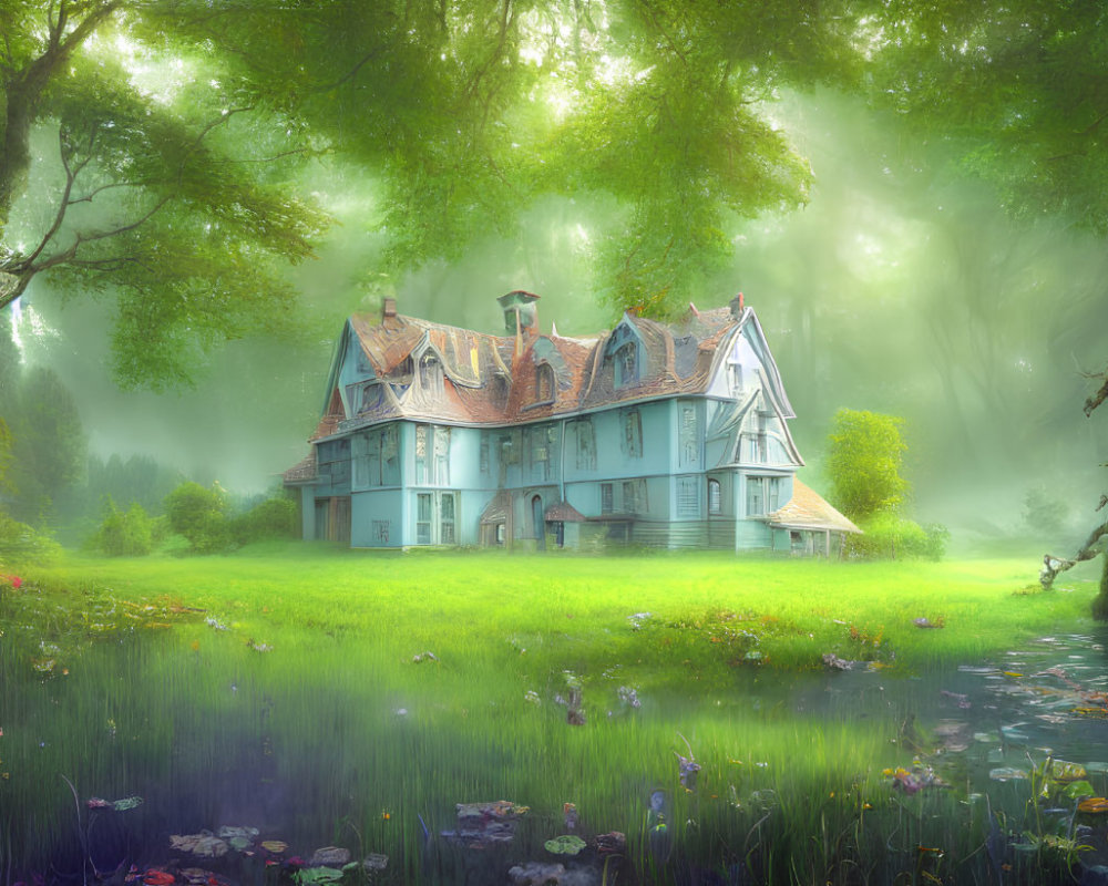 Victorian house in misty forest with pond and old tree