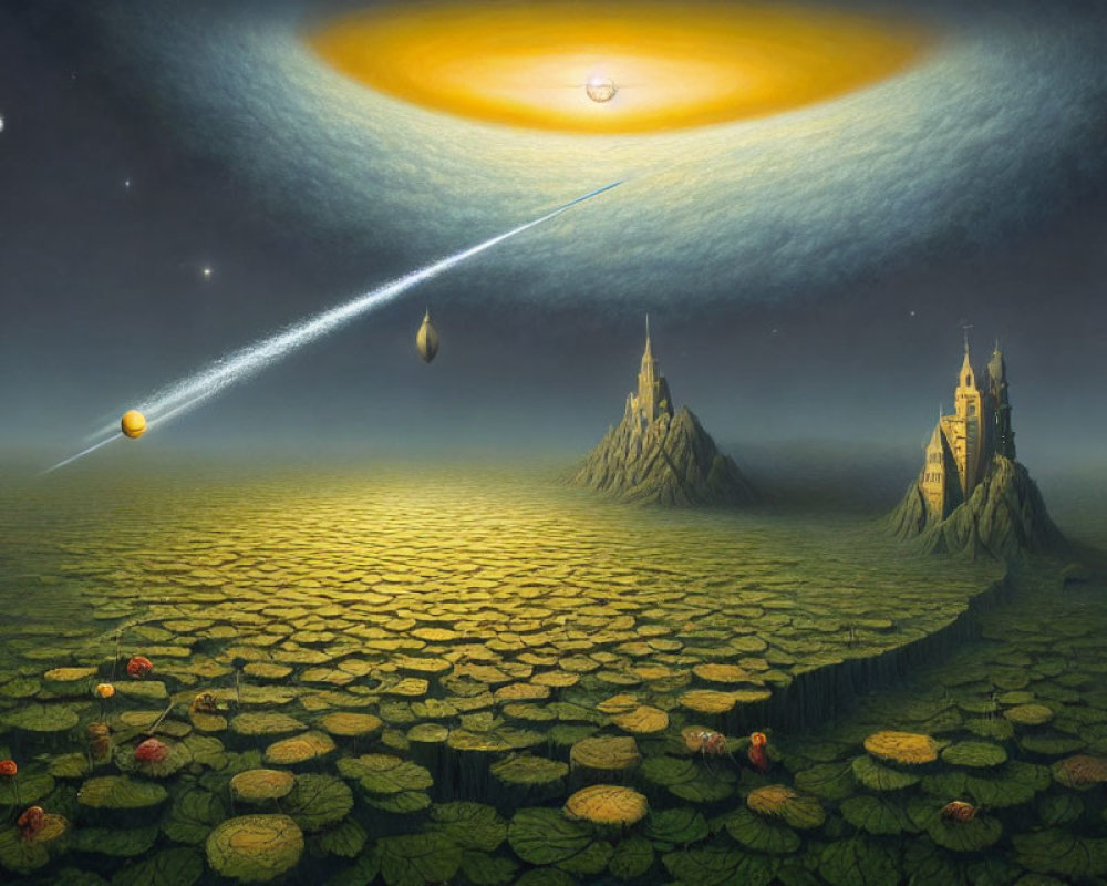 Surreal landscape with cracked ground, lily pads, castles, ringed sun, planets