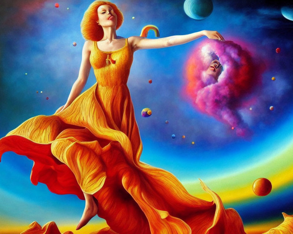 Colorful painting of a woman in orange dress with cosmic backdrop