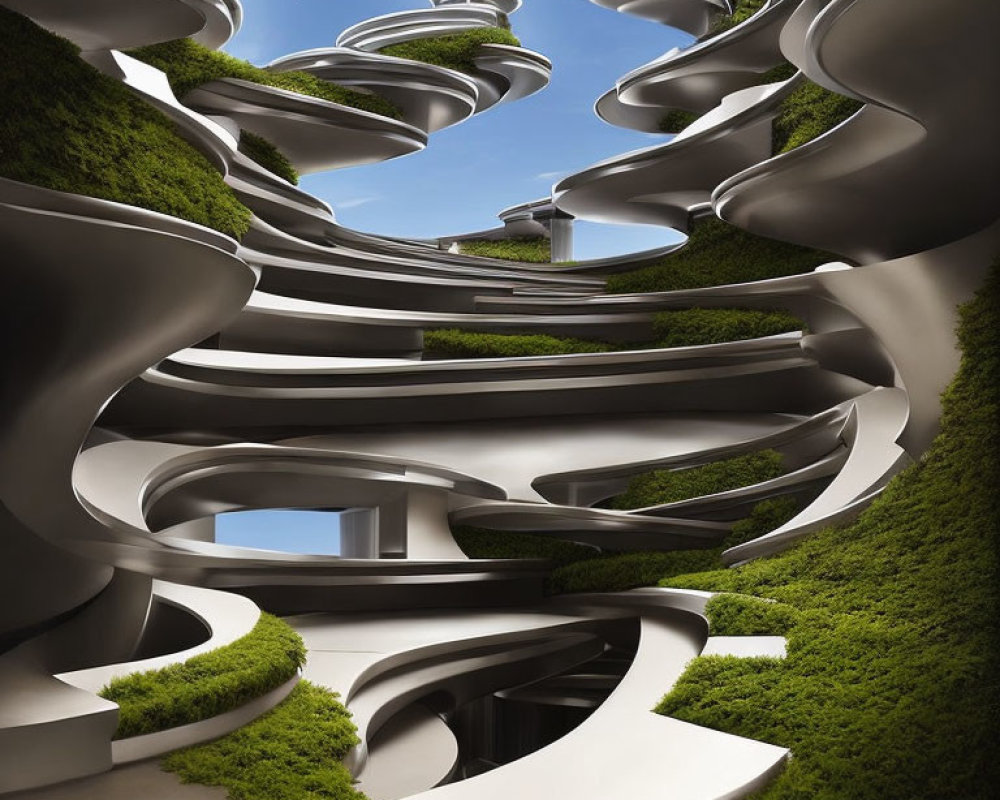 Surreal white curving structures in lush greenery under blue sky